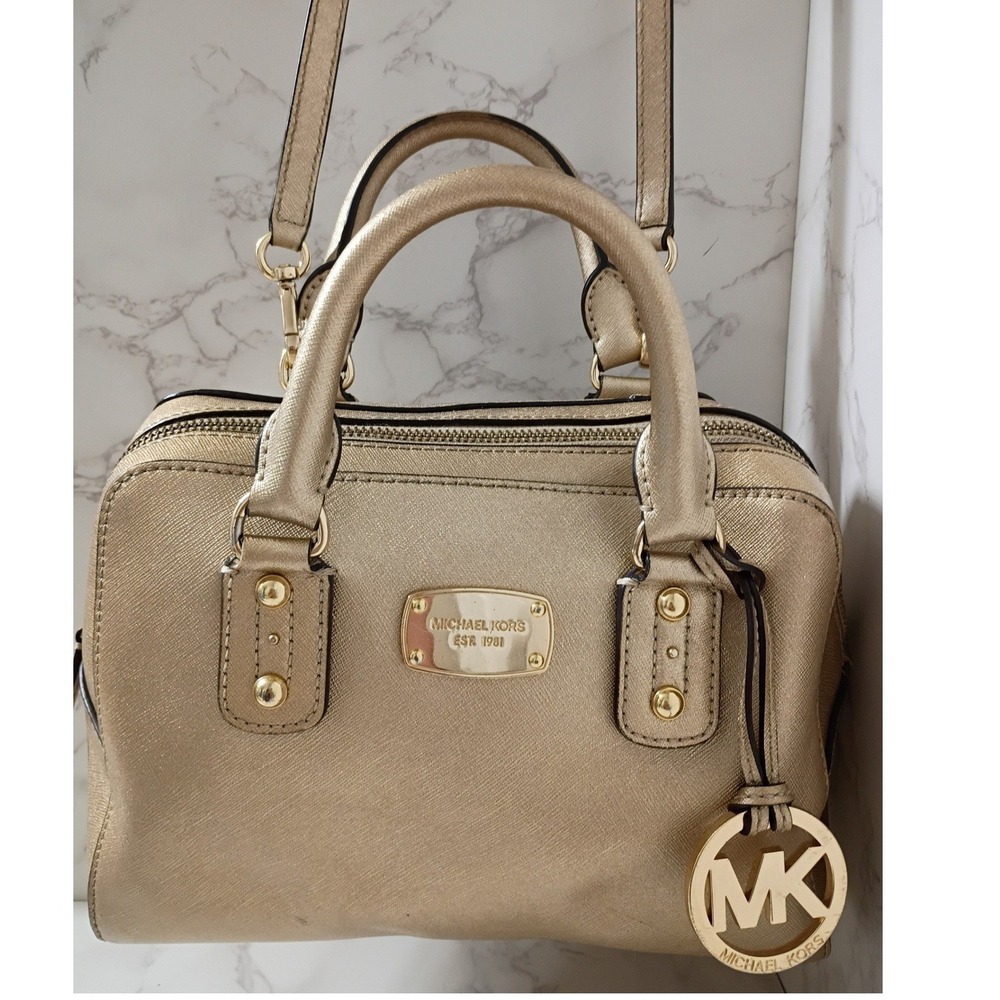 MICHAEL KORS Metallic Gold Saffiano Leather Satchel/Crossbody Bag